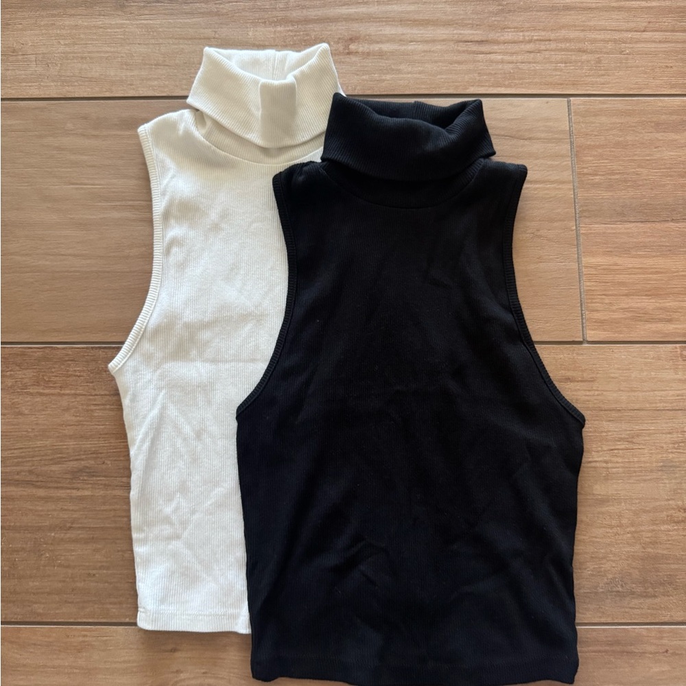 Zara Black and White Sleeveless Turtleneck Tops